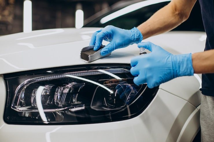 Teknisi mengaplikasikan coating pada headlamp dan body mobil