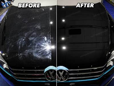 Before after poles eksterior Volkswagen Tiguan hitam scratches hilang salonpolesmobil.com