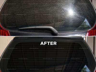 Before after poles kaca belakang baret kaca jernih kembali salonpolesmobil.com