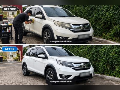 Before after poles body Honda BR-V putih kusam jadi kinclong salonpolesmobil.com