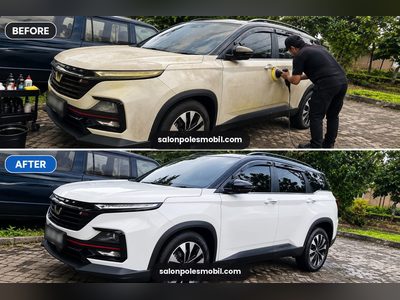 Before after poles body Wuling Almaz putih menguning jadi putih bersih salonpolesmobil.com