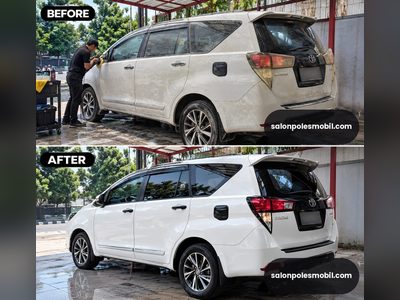 Before after poles body Toyota Innova putih kusam jadi kinclong salonpolesmobil.com