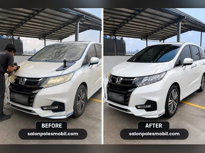 Before after poles body Honda Odyssey putih kusam jadi kinclong salonpolesmobil.com