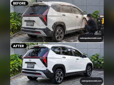 Before after poles body Hyundai Stargazer putih kotor jadi bersih kinclong salonpolesmobil.com
