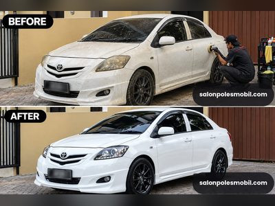 Before after poles body Toyota Vios putih kusam jadi kinclong salonpolesmobil.com