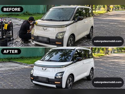Before after poles body Wuling Air EV putih kotor jadi bersih kinclong salonpolesmobil.com