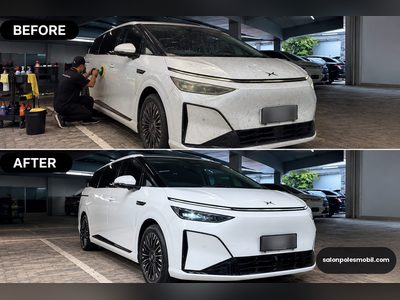 Before after poles body Xpeng putih kotor jadi kinclong salonpolesmobil.com
