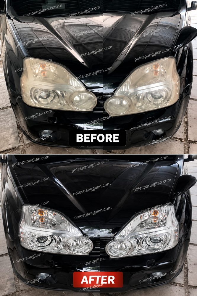Before after poles headlamp mobil hitam, mika kuning jadi bening