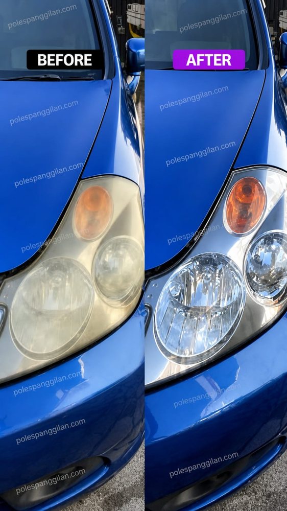 Before after restorasi headlamp mobil yang menguning