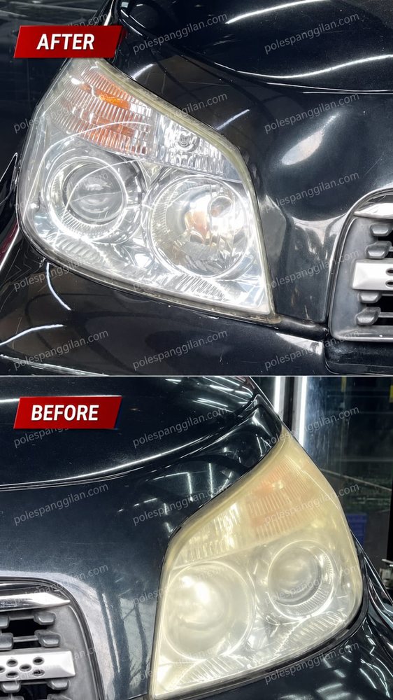 Before after poles headlamp mobil biru, lampu buram kembali jernih