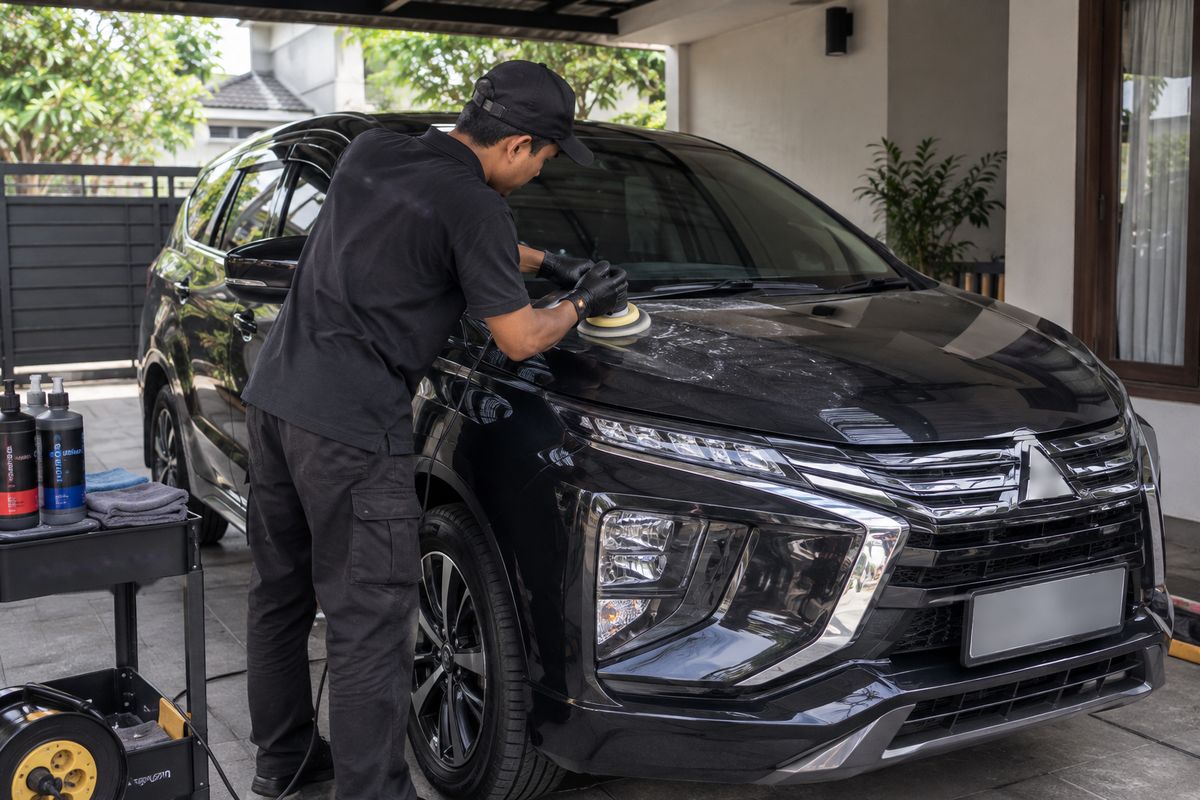 Teknisi Salon Poles Mobil memoles mobil di carport rumah pelanggan